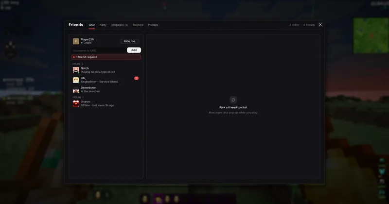 Friends panel in game