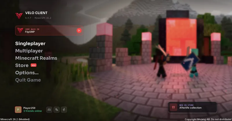 The animated Velo title screen in Minecraft