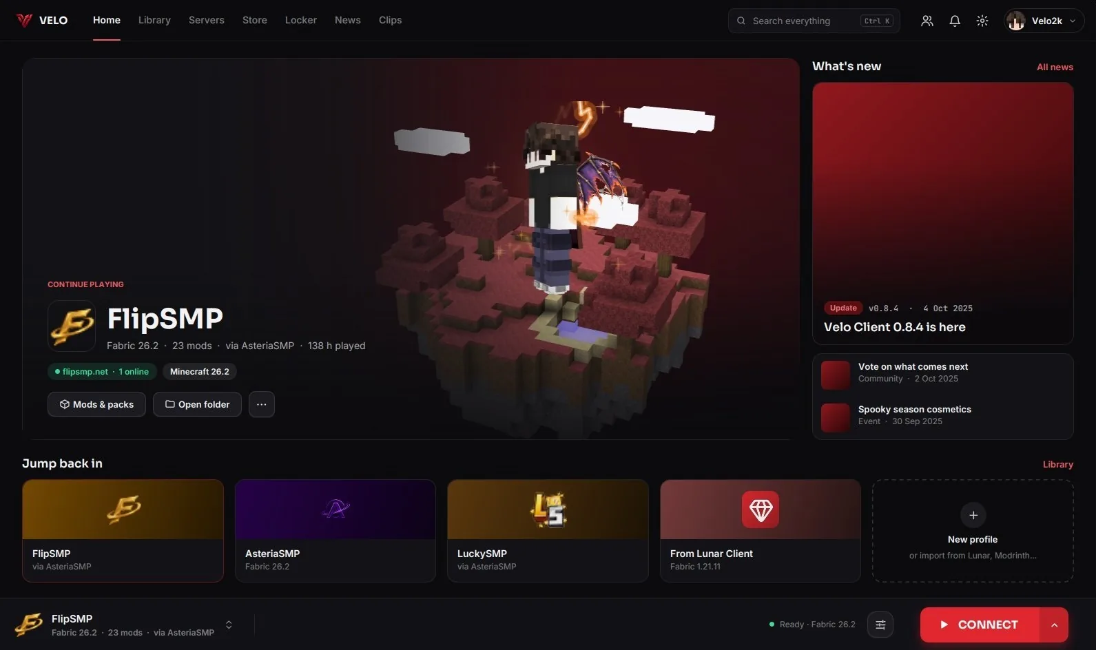 The Velo launcher home screen with Continue playing, What's new and recent profiles