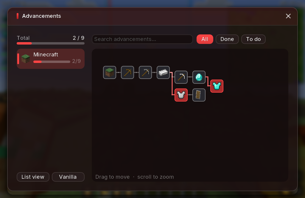 The new advancements screen