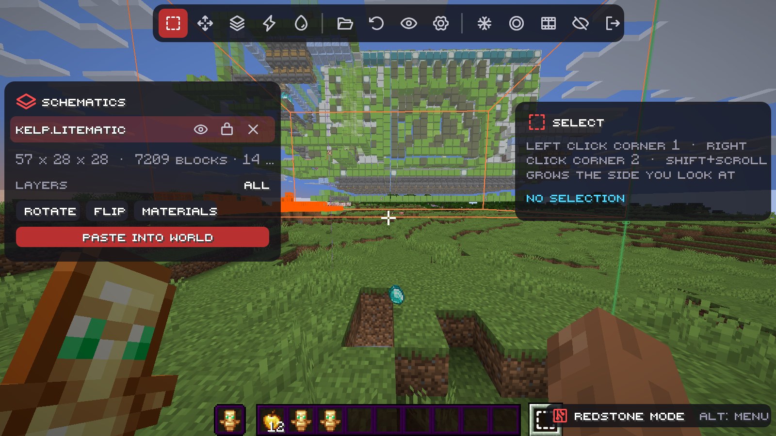 A schematic locked in place - missing blocks show as glowing holograms, wrong ones in red.