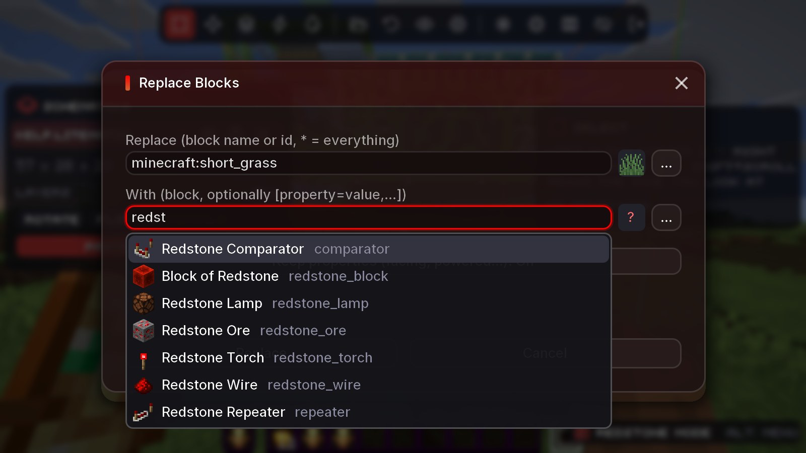 Replace suggests blocks by name as you type - no more guessing ids.