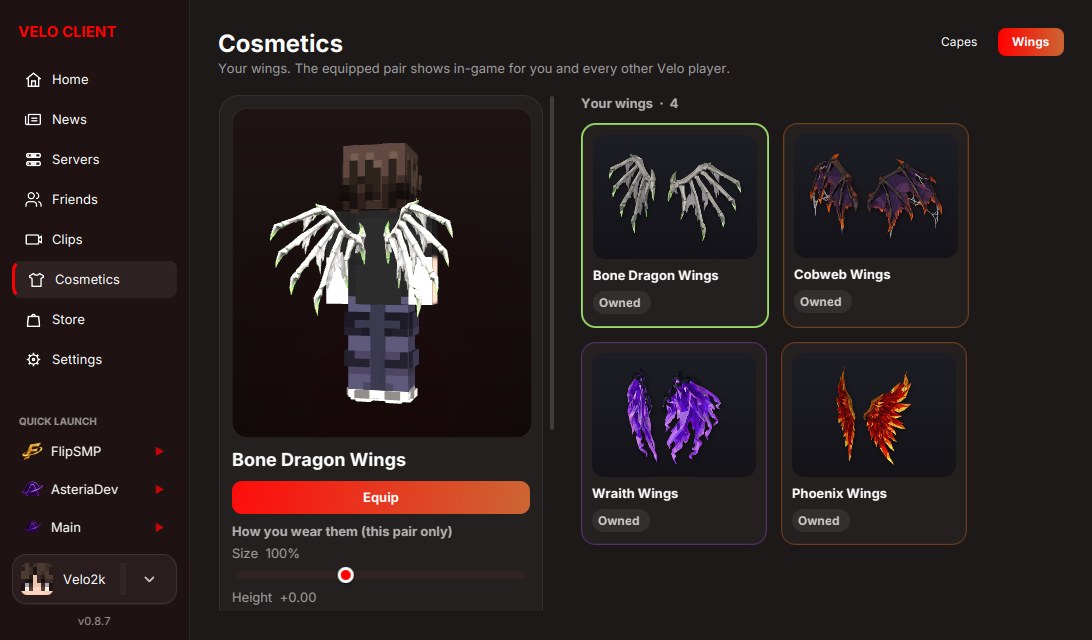 Your wings and their settings, right in the launcher.
