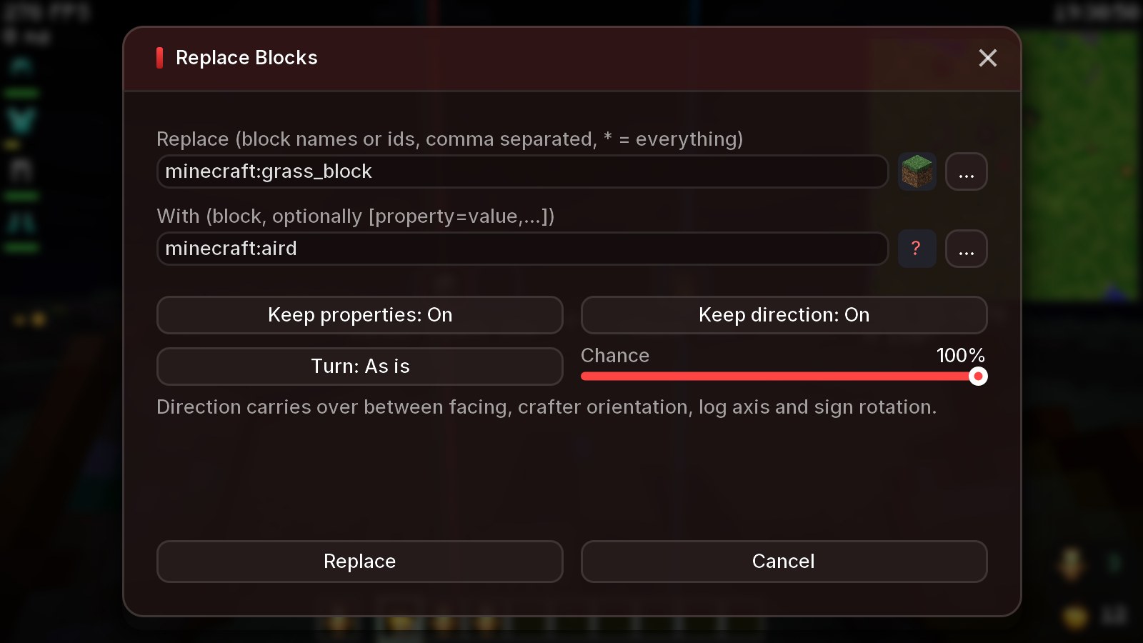 The new Replace options.
