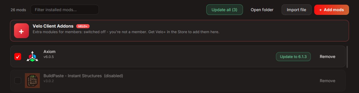 The Velo+ Addons card in a profile's Mods tab.
