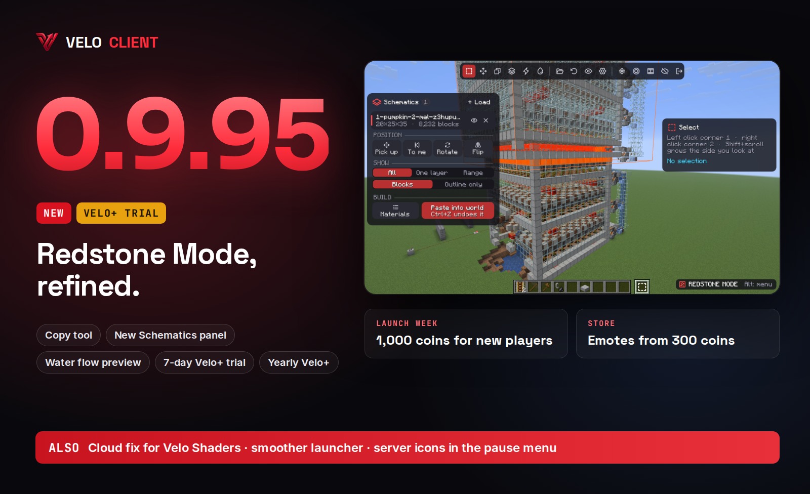 Velo Client 0.9.95: Redstone Mode, refined