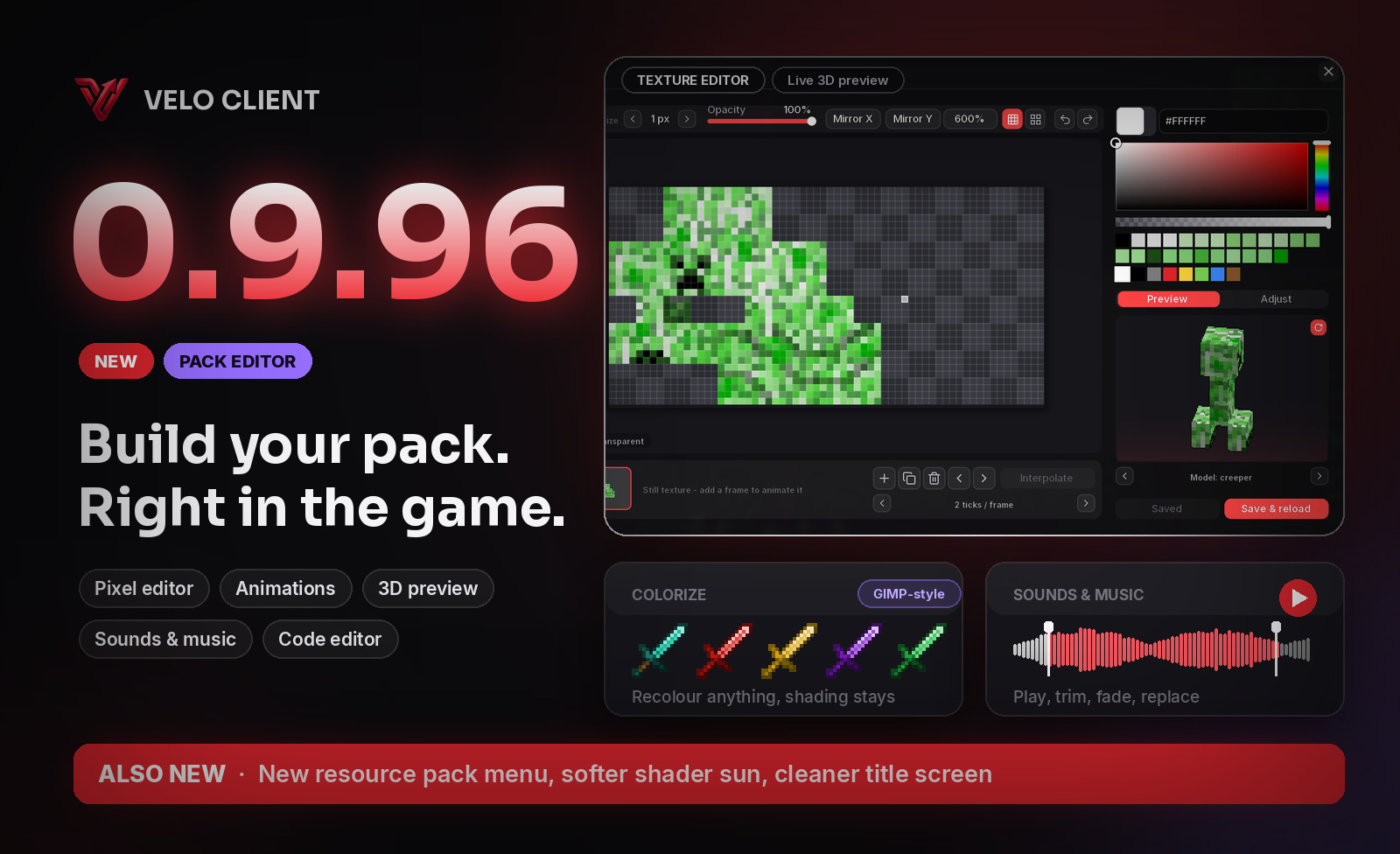 Velo Client 0.9.96: Build your own resource pack in game