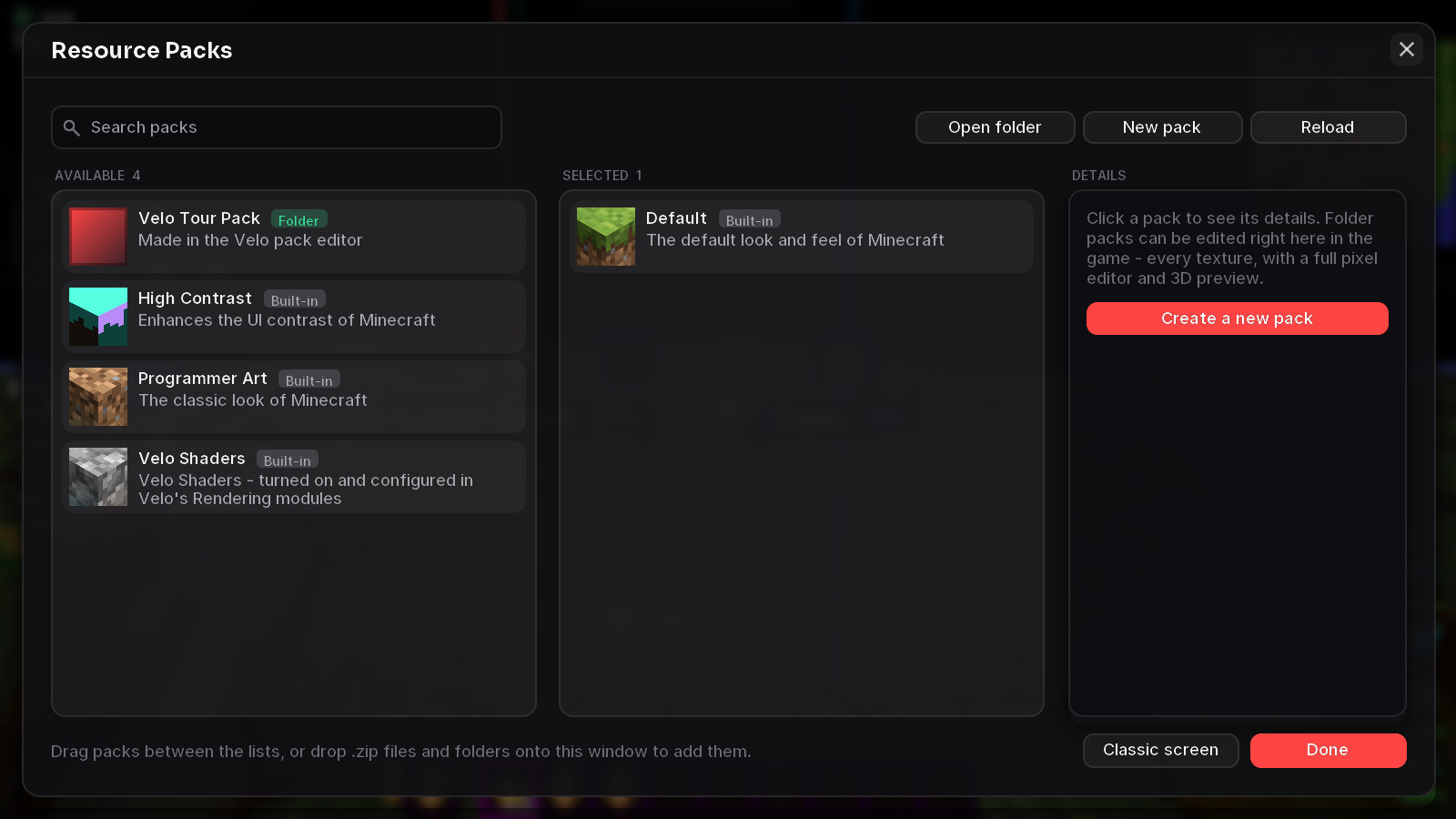Drag packs between the lists, or use the buttons on each row